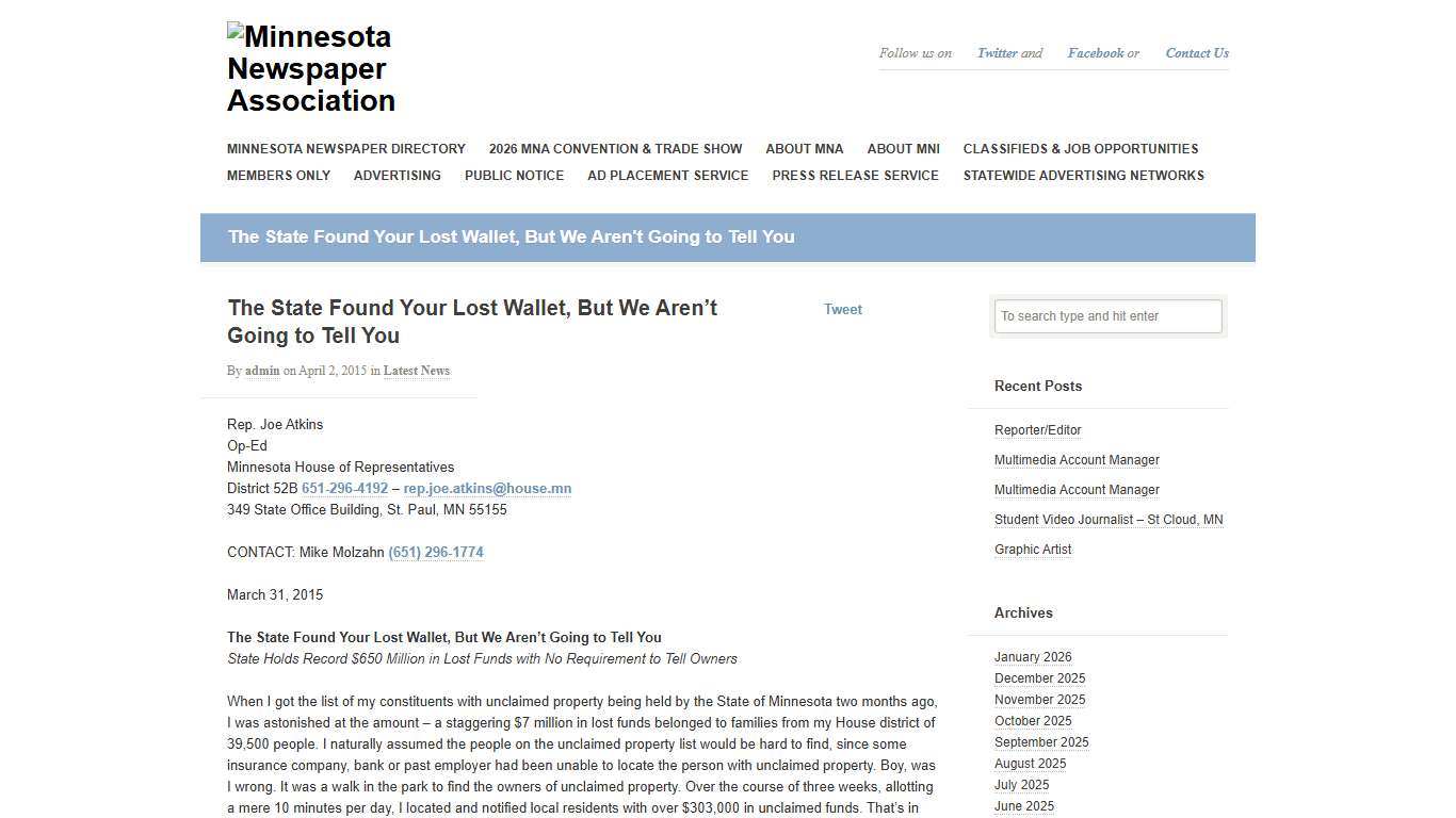 The State Found Your Lost Wallet, But We Aren’t Going to Tell You Minnesota Newspaper Association